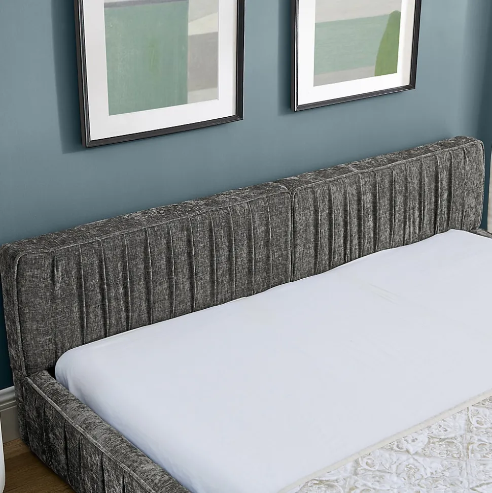 Lit Double Capitonné 160x200 cm, Tête de Lit, Structure Bois d'Eucalyptus Métal, Chenille Doux, Gris Foncé, Sans Matelas