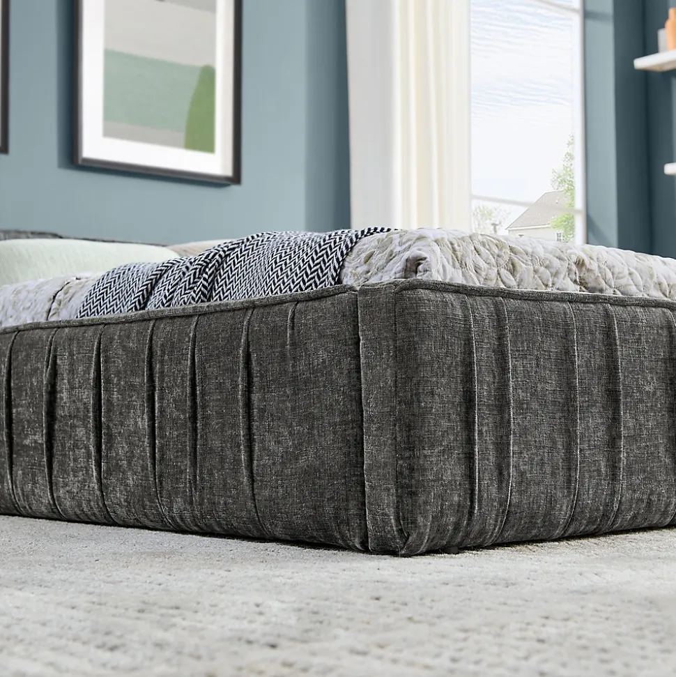 Lit Double Capitonné 160x200 cm, Tête de Lit, Structure Bois d'Eucalyptus Métal, Chenille Doux, Gris Foncé, Sans Matelas