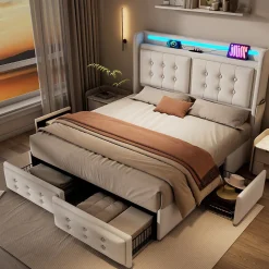 Lit double capitonné 140x200 cm avec 4 Tiroirs de Rangement, Éclairage LED et Ports USB-C, Bois et Métal, Beige, Matelas Inclus