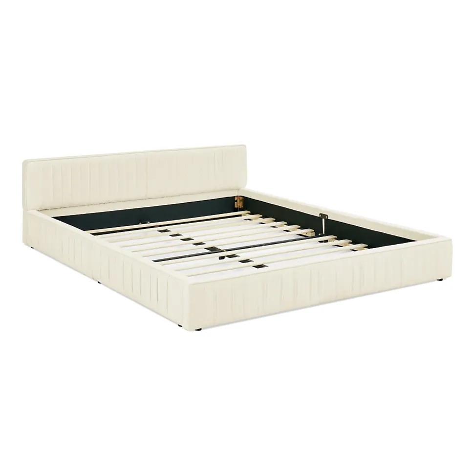 Lit Double Capitonné 140x200 cm, Tête de Lit, Structure Bois d'Eucalyptus Métal, Chenille Doux, Beige, Sans Matelas