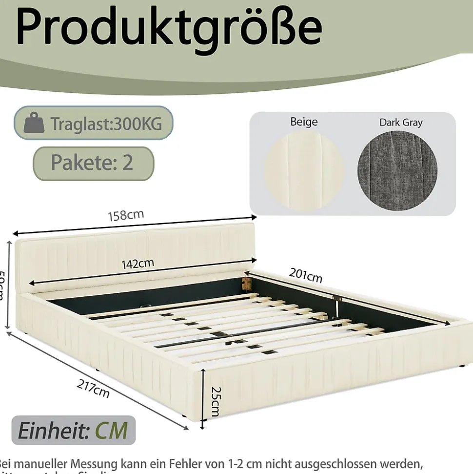 Lit Double Capitonné 140x200 cm, Tête de Lit, Structure Bois d'Eucalyptus Métal, Chenille Doux, Beige, Sans Matelas
