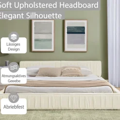 Lit Double Capitonné 140x200 cm, Tête de Lit, Structure Bois d'Eucalyptus Métal, Chenille Doux, Beige, Sans Matelas