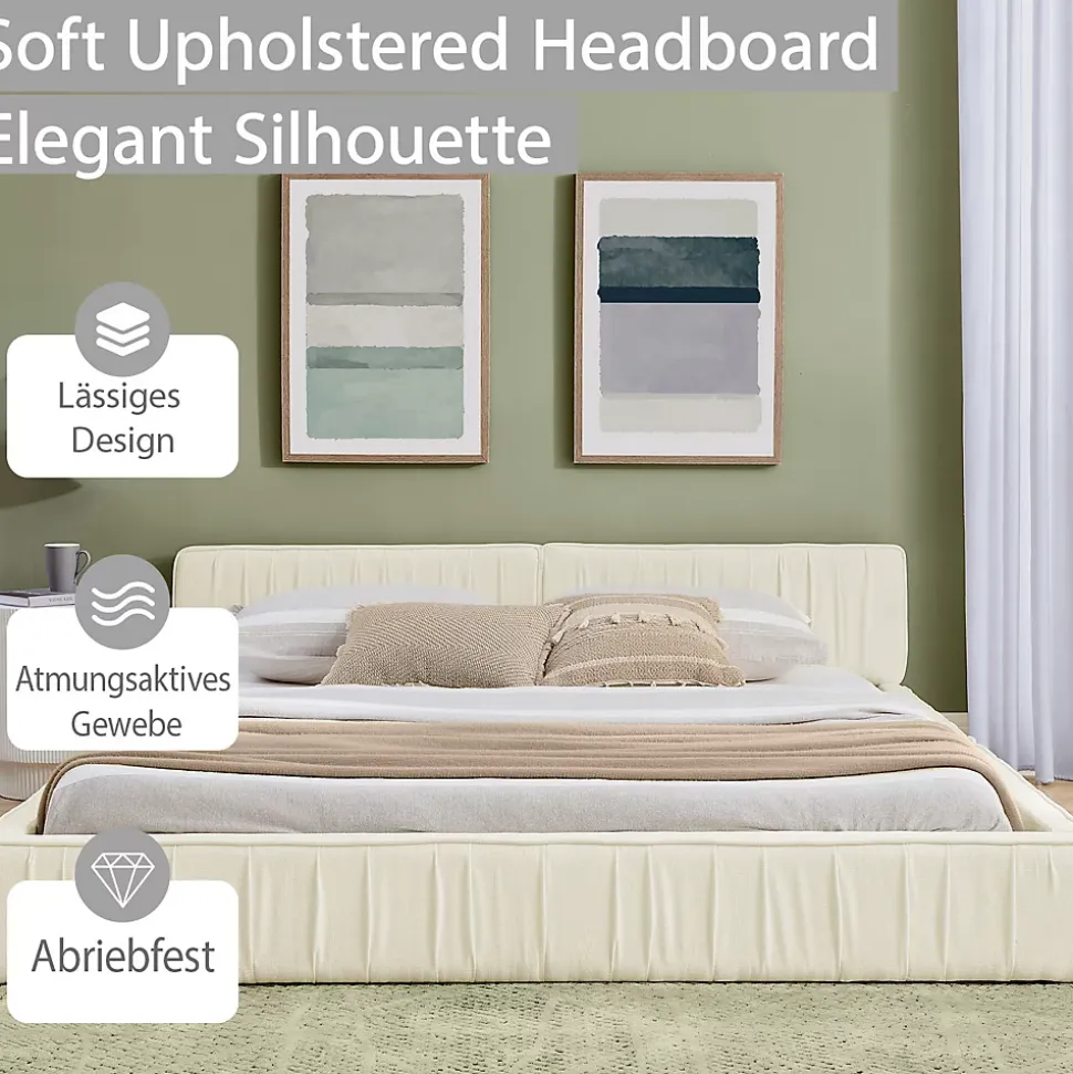 Lit Double Capitonné 140x200 cm, Tête de Lit, Structure Bois d'Eucalyptus Métal, Chenille Doux, Beige, Sans Matelas