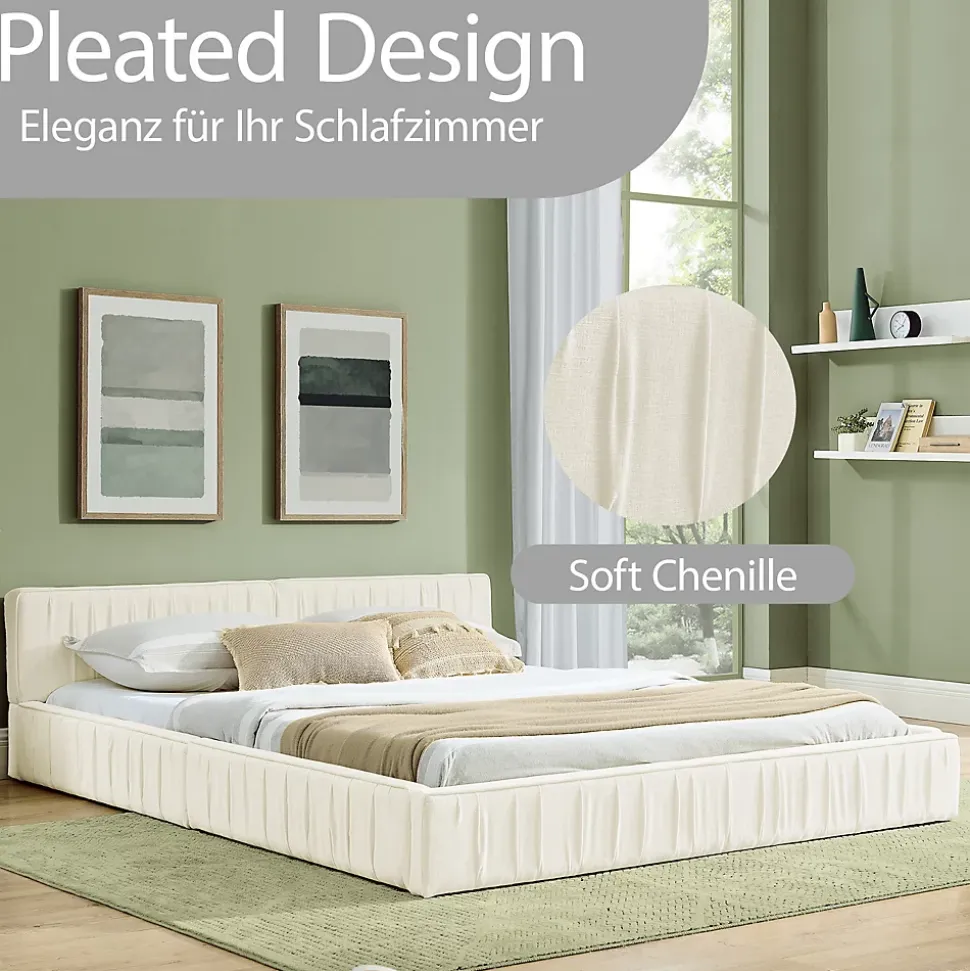 Lit Double Capitonné 140x200 cm, Tête de Lit, Structure Bois d'Eucalyptus Métal, Chenille Doux, Beige, Sans Matelas