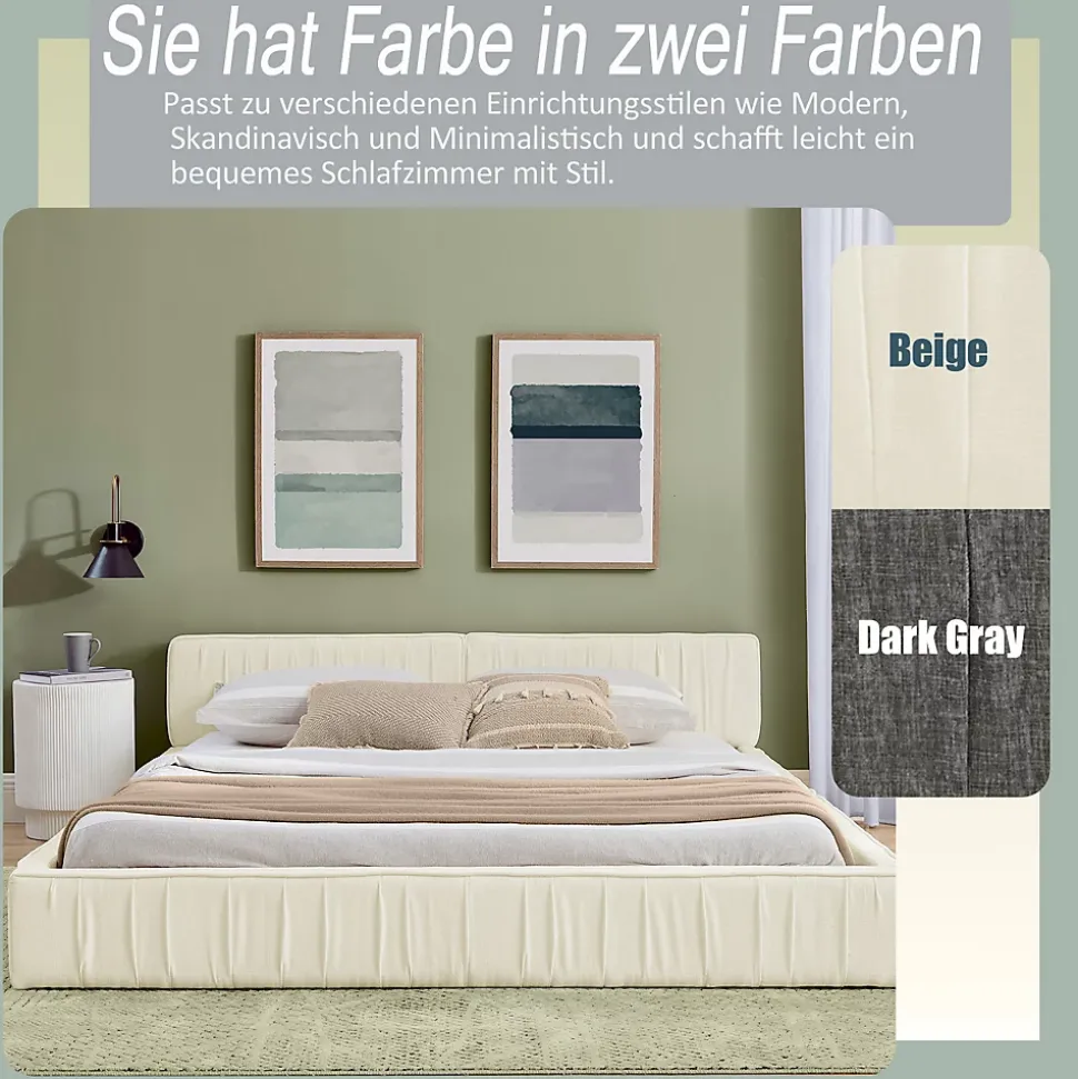 Lit Double Capitonné 140x200 cm, Tête de Lit, Structure Bois d'Eucalyptus Métal, Chenille Doux, Beige, Sans Matelas