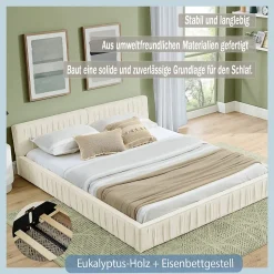 Lit Double Capitonné 140x200 cm, Tête de Lit, Structure Bois d'Eucalyptus Métal, Chenille Doux, Beige, Sans Matelas