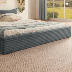 Lit Double Capitonné 160x200 cm, Chenille Doux, Tête de Lit Élégante, Cadre Bois Métal Solide, Gris Foncé, Sans Matelas