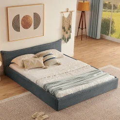 Lit Double Capitonné 160x200 cm, Chenille Doux, Tête de Lit Élégante, Cadre Bois Métal Solide, Gris Foncé, Sans Matelas