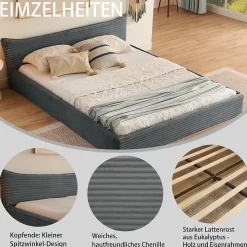 Lit Double Capitonné 160x200 cm, Chenille Doux, Tête de Lit Élégante, Cadre Bois Métal Solide, Gris Foncé, Sans Matelas