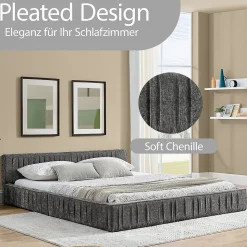 Lit Double Capitonné 140x200 cm, Tête de Lit, Structure Bois d'Eucalyptus Métal, Chenille Doux, Gris Foncé, Sans Matelas