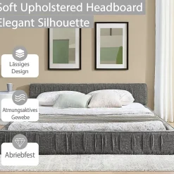 Lit Double Capitonné 140x200 cm, Tête de Lit, Structure Bois d'Eucalyptus Métal, Chenille Doux, Gris Foncé, Sans Matelas