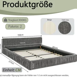 Lit Double Capitonné 140x200 cm, Tête de Lit, Structure Bois d'Eucalyptus Métal, Chenille Doux, Gris Foncé, Sans Matelas