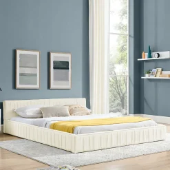 Lit Double Capitonné 160x200 cm, Tête de Lit, Structure Bois d'Eucalyptus Métal, Chenille Doux, Beige, Sans Matelas