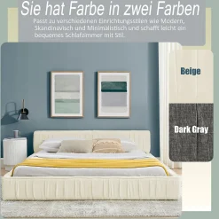 Lit Double Capitonné 160x200 cm, Tête de Lit, Structure Bois d'Eucalyptus Métal, Chenille Doux, Beige, Sans Matelas