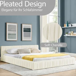 Lit Double Capitonné 160x200 cm, Tête de Lit, Structure Bois d'Eucalyptus Métal, Chenille Doux, Beige, Sans Matelas