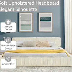 Lit Double Capitonné 160x200 cm, Tête de Lit, Structure Bois d'Eucalyptus Métal, Chenille Doux, Beige, Sans Matelas