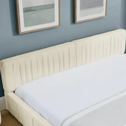 Lit Double Capitonné 160x200 cm, Tête de Lit, Structure Bois d'Eucalyptus Métal, Chenille Doux, Beige, Sans Matelas