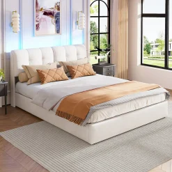 Lit double capitonné 140x200 cm,éclairage LED, ports et prises USB, sommier à lattes, linge, lit queen,Beige