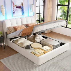 Lit double capitonné 140x200 cm,éclairage LED, ports et prises USB, sommier à lattes, linge, lit queen,Beige