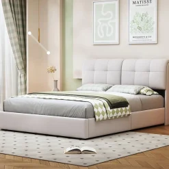 Lit double capitonné 140x200 cm,éclairage LED, ports et prises USB, sommier à lattes, linge, lit queen,Beige