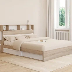 Lit double CLEM avec rangements + tête de lit et sommier 160 x 200 cm hêtre et blanc