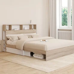 Lit double CLEM avec rangements + tête de lit et sommier 160 x 200 cm hêtre et blanc