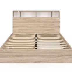 Lit double CLEM avec rangements + tête de lit et sommier 160 x 200 cm hêtre et blanc