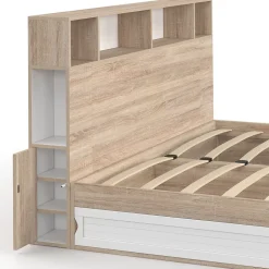 Lit double CLEM avec rangements + tête de lit et sommier 160 x 200 cm hêtre et blanc