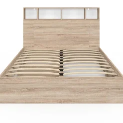 Lit double CLEM avec rangements + tête de lit et sommier 140 x 190 cm hêtre et blanc