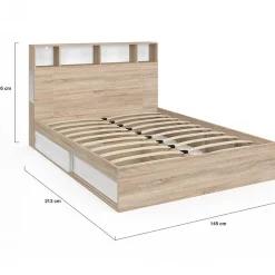 Lit double CLEM avec rangements + tête de lit et sommier 140 x 190 cm hêtre et blanc