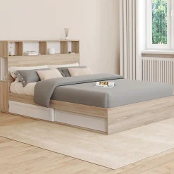 Lit double CLEM avec rangements + tête de lit et sommier 140 x 190 cm hêtre et blanc