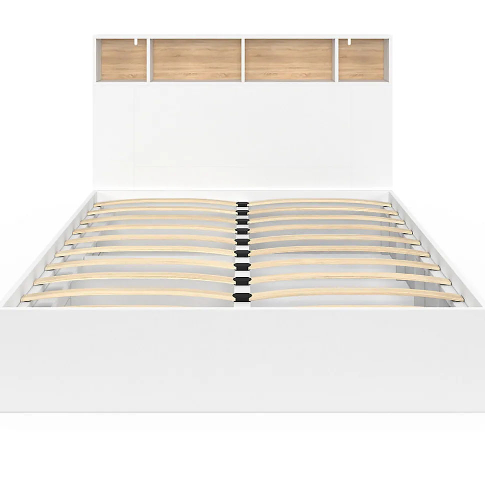 Lit double CLEM avec tête de lit, rangements et sommier 140 x 190 cm blanc