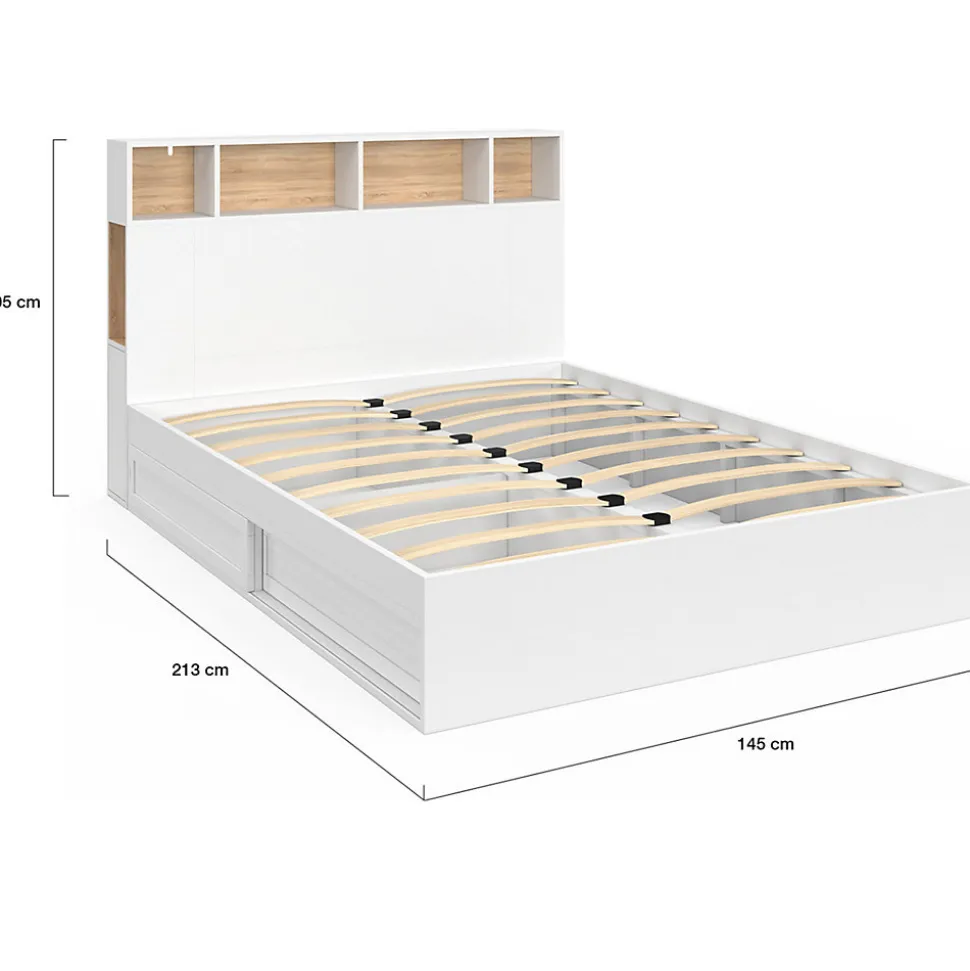 Lit double CLEM avec tête de lit, rangements et sommier 140 x 190 cm blanc