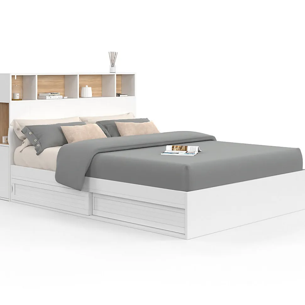 Lit double CLEM avec tête de lit, rangements et sommier 140 x 190 cm blanc