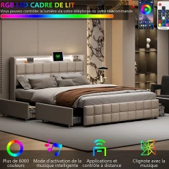 Lit Double Coffre 160x200cm Avec Éclairage LED Et 4 Tiroirs, Rechargeable, Avec Tête De Lit,beige