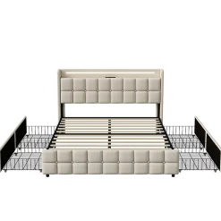 Lit Double Coffre 160x200cm Avec Éclairage LED Et 4 Tiroirs, Rechargeable, Avec Tête De Lit,beige