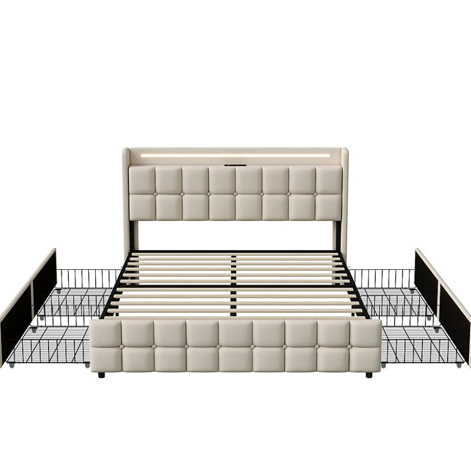 Lit Double Coffre 160x200cm Avec Éclairage LED Et 4 Tiroirs, Rechargeable, Avec Tête De Lit,beige