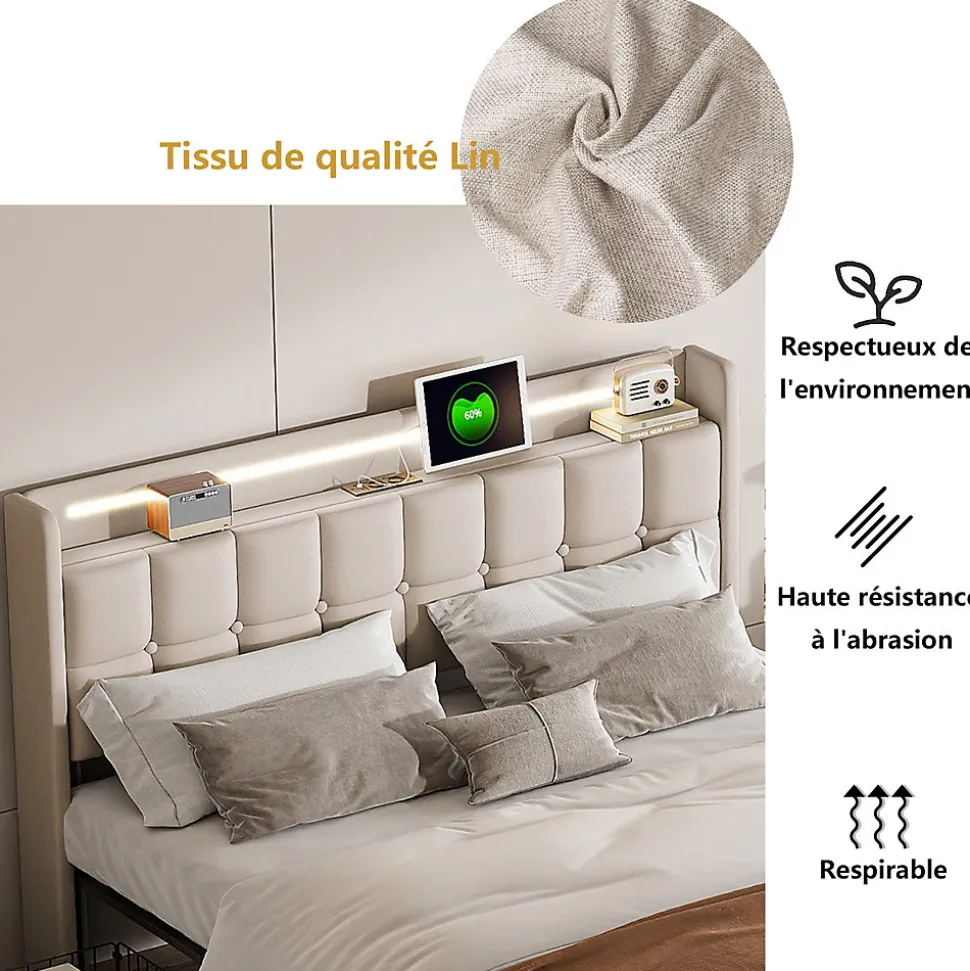 Lit Double Coffre 160x200cm Avec Éclairage LED Et 4 Tiroirs, Rechargeable, Avec Tête De Lit,beige