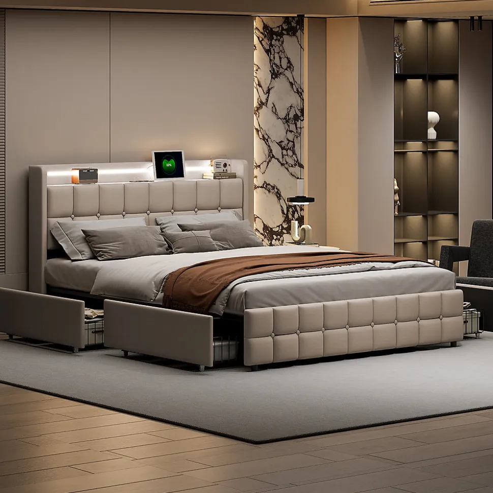 Lit Double Coffre 160x200cm Avec Éclairage LED Et 4 Tiroirs, Rechargeable, Avec Tête De Lit,beige