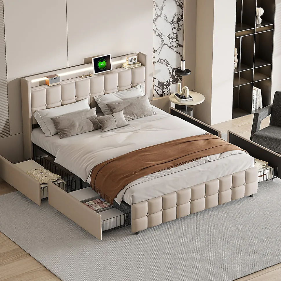 Lit Double Coffre 160x200cm Avec Éclairage LED Et 4 Tiroirs, Rechargeable, Avec Tête De Lit,beige