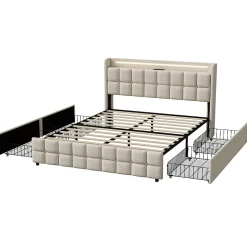 Lit Double Coffre 160x200cm Avec Éclairage LED Et 4 Tiroirs, Rechargeable, Avec Tête De Lit,beige