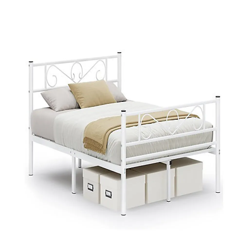 Lit Double Convient pour Matelas de 140 x 190 cm Blanc Métal Montage Facile + Espace Rangement Chambre