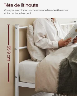 Lit Double Convient pour Matelas de 140 x 190 cm Blanc Métal Montage Facile + Espace Rangement Chambre