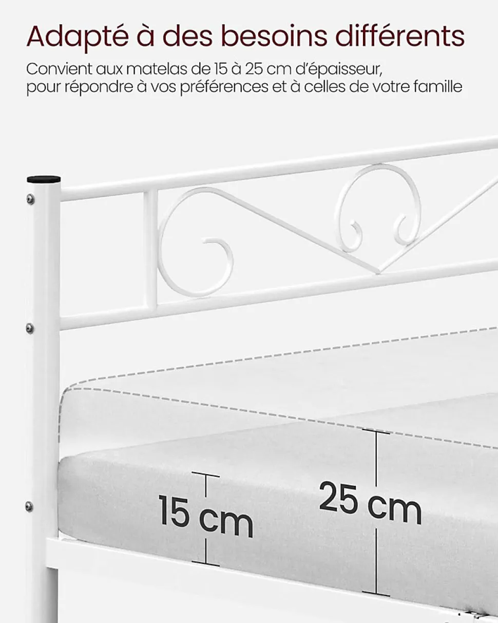 Lit Double Convient pour Matelas de 140 x 190 cm Blanc Métal Montage Facile + Espace Rangement Chambre