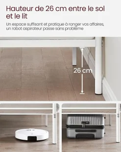 Lit Double Convient pour Matelas de 140 x 190 cm Blanc Métal Montage Facile + Espace Rangement Chambre