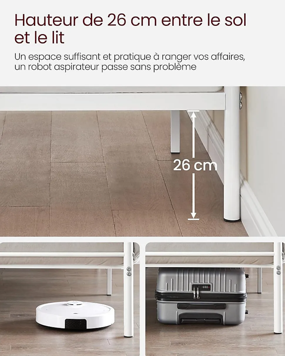 Lit Double Convient pour Matelas de 140 x 190 cm Blanc Métal Montage Facile + Espace Rangement Chambre