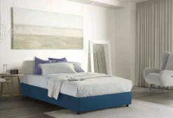 Lit double Daronic, Lit coffre avec revêtement en tissu, Ouverture latérale, adapté pour matelas 120x190 cm, Bleu