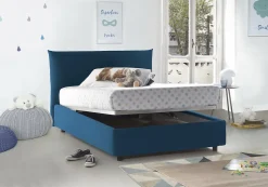 Lit double Dbranc, lit coffre avec revêtement en tissu, ouverture frontale, avec matelas 120x190 cm inclus, bleu