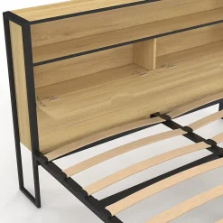 Lit double DETROIT LED intégrés dans la tête de lit et sommier 140 x 190 cm effet bois et métal noir design industriel