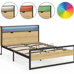 Lit double DETROIT LED intégrés dans la tête de lit et sommier 140 x 190 cm effet bois et métal noir design industriel